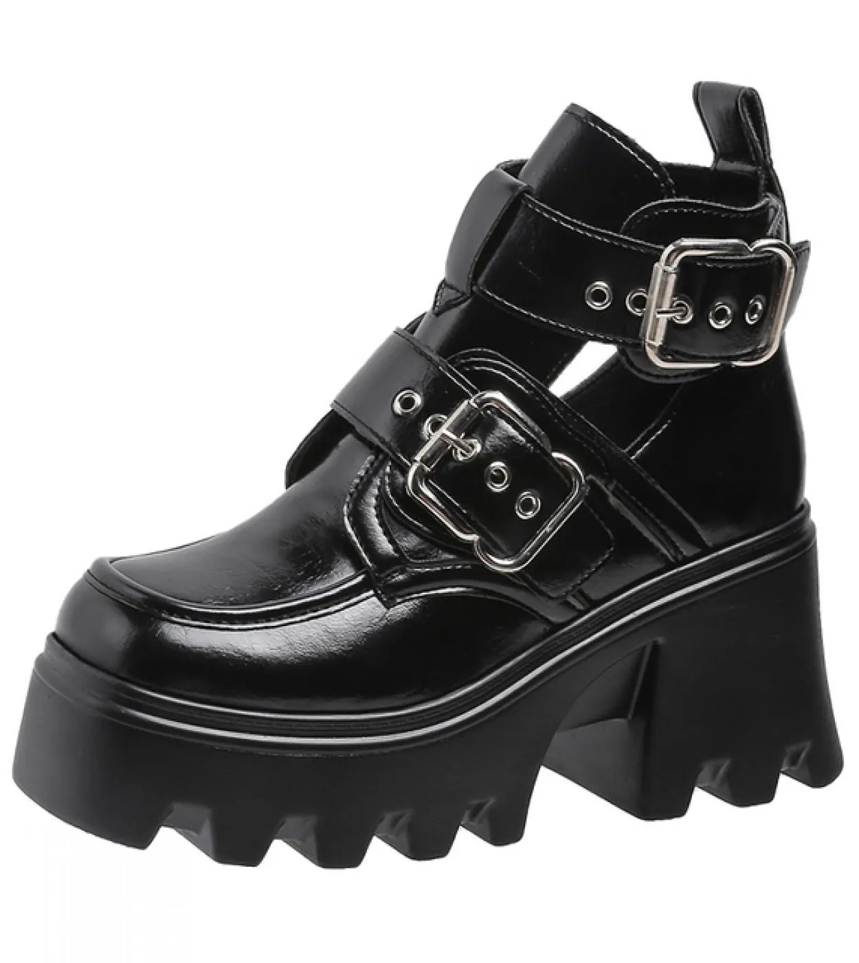 2022 Stivali da combattimento da motociclista Piattaforme da donna Chunky Block Tacco alto Scarpe punk Rivetto gotico Fibbia all