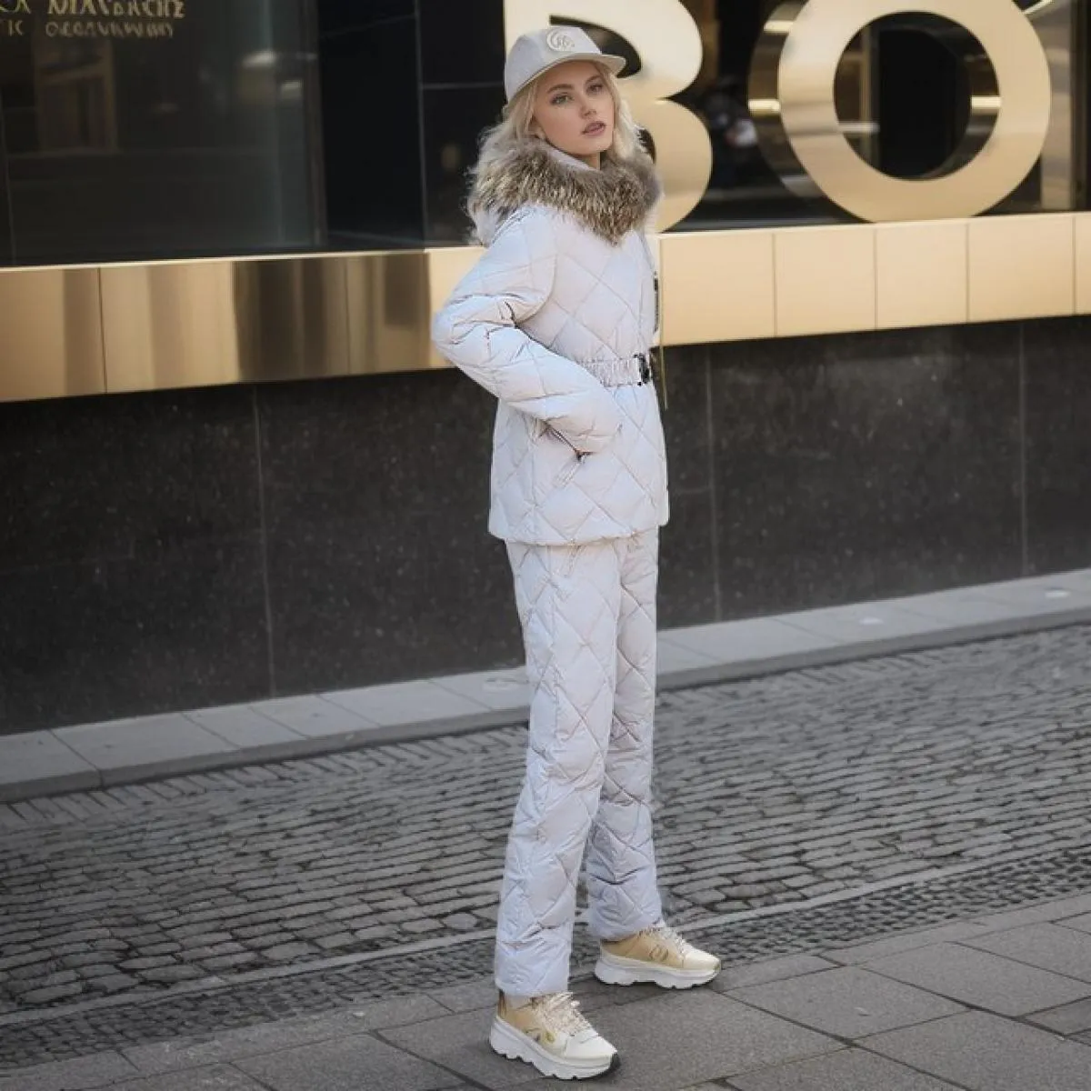 2023 inverno pelliccia sintetica con cappuccio colletto a due pezzi pantaloni set donna solido cappotto con cerniera moda cernie