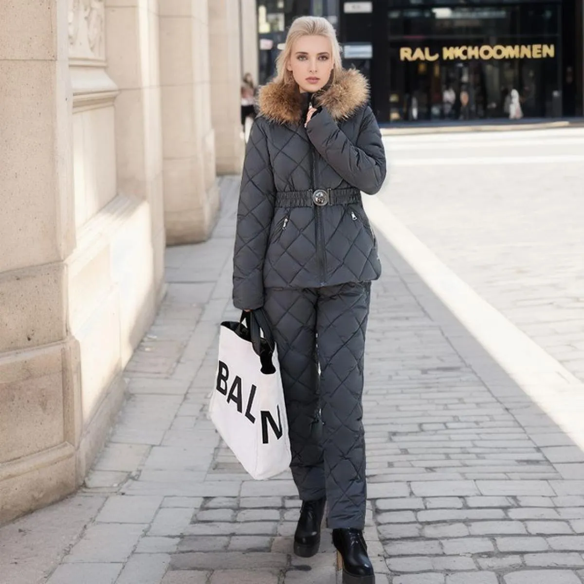 2023 inverno pelliccia sintetica con cappuccio colletto a due pezzi pantaloni set donna solido cappotto con cerniera moda cernie
