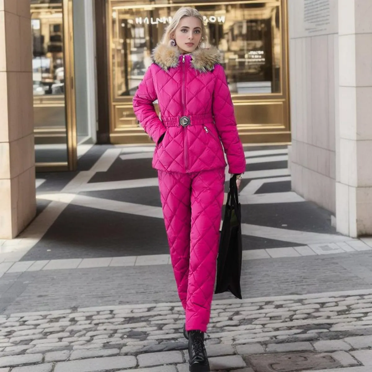 2023 inverno pelliccia sintetica con cappuccio colletto a due pezzi pantaloni set donna solido cappotto con cerniera moda cernie
