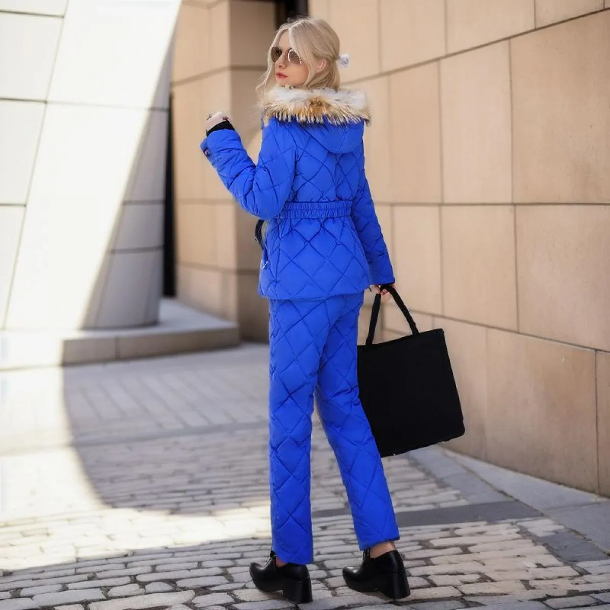 2023 inverno pelliccia sintetica con cappuccio colletto a due pezzi pantaloni set donna solido cappotto con cerniera moda cernie