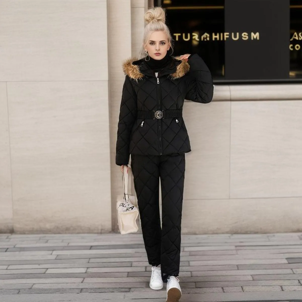 2023 inverno pelliccia sintetica con cappuccio colletto a due pezzi pantaloni set donna solido cappotto con cerniera moda cernie