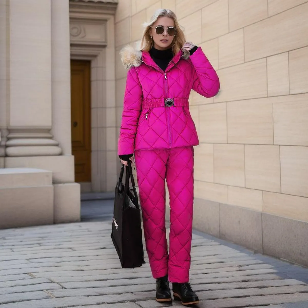 2023 inverno pelliccia sintetica con cappuccio colletto a due pezzi pantaloni set donna solido cappotto con cerniera moda cernie