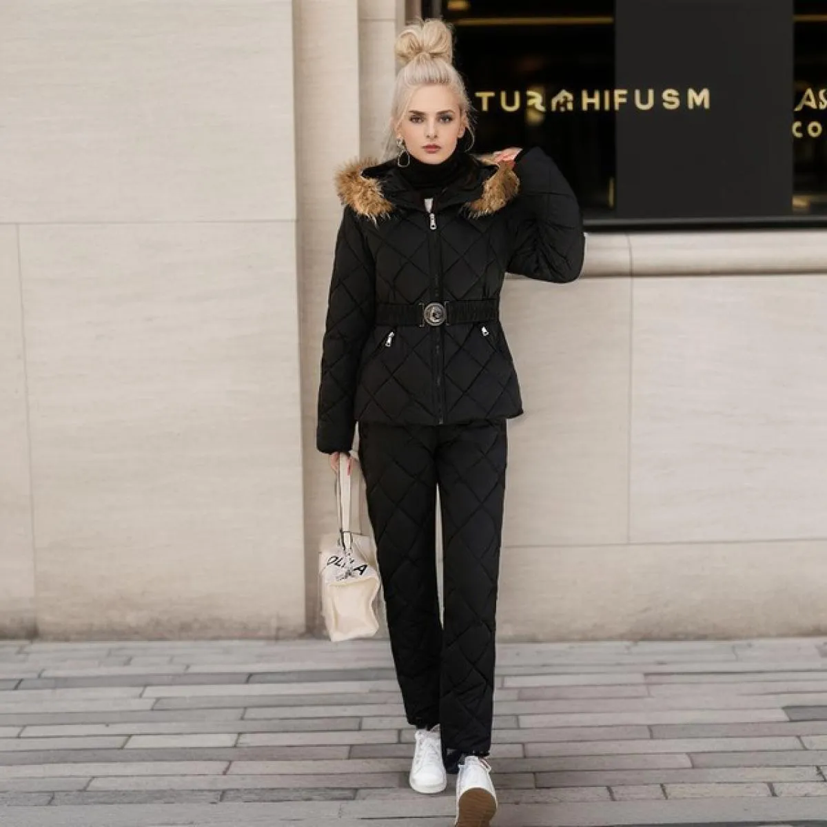 2023 inverno pelliccia sintetica con cappuccio colletto a due pezzi pantaloni set donna solido cappotto con cerniera moda cernie