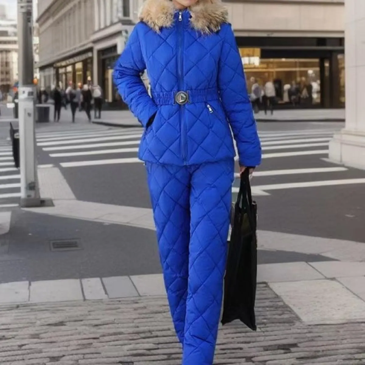 2023 inverno pelliccia sintetica con cappuccio colletto a due pezzi pantaloni set donna solido cappotto con cerniera moda cernie