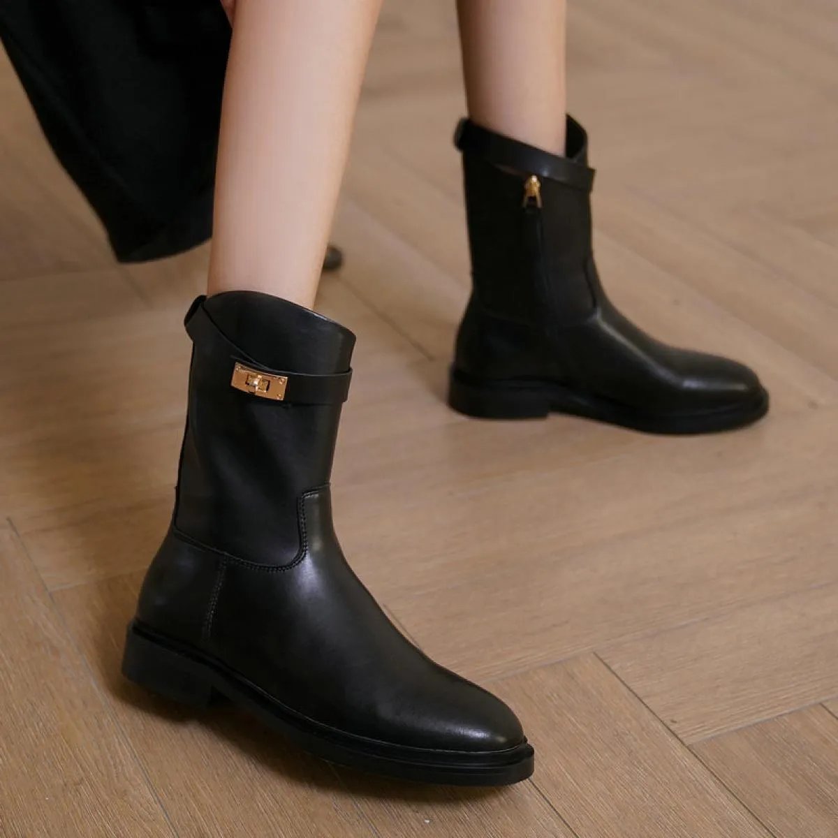 2024 Casual Donna Stivali a metà polpaccio Primavera Inverno Vera pelle Tacchi bassi Cerniera Scarpe da moto Donna Taglia 34 43