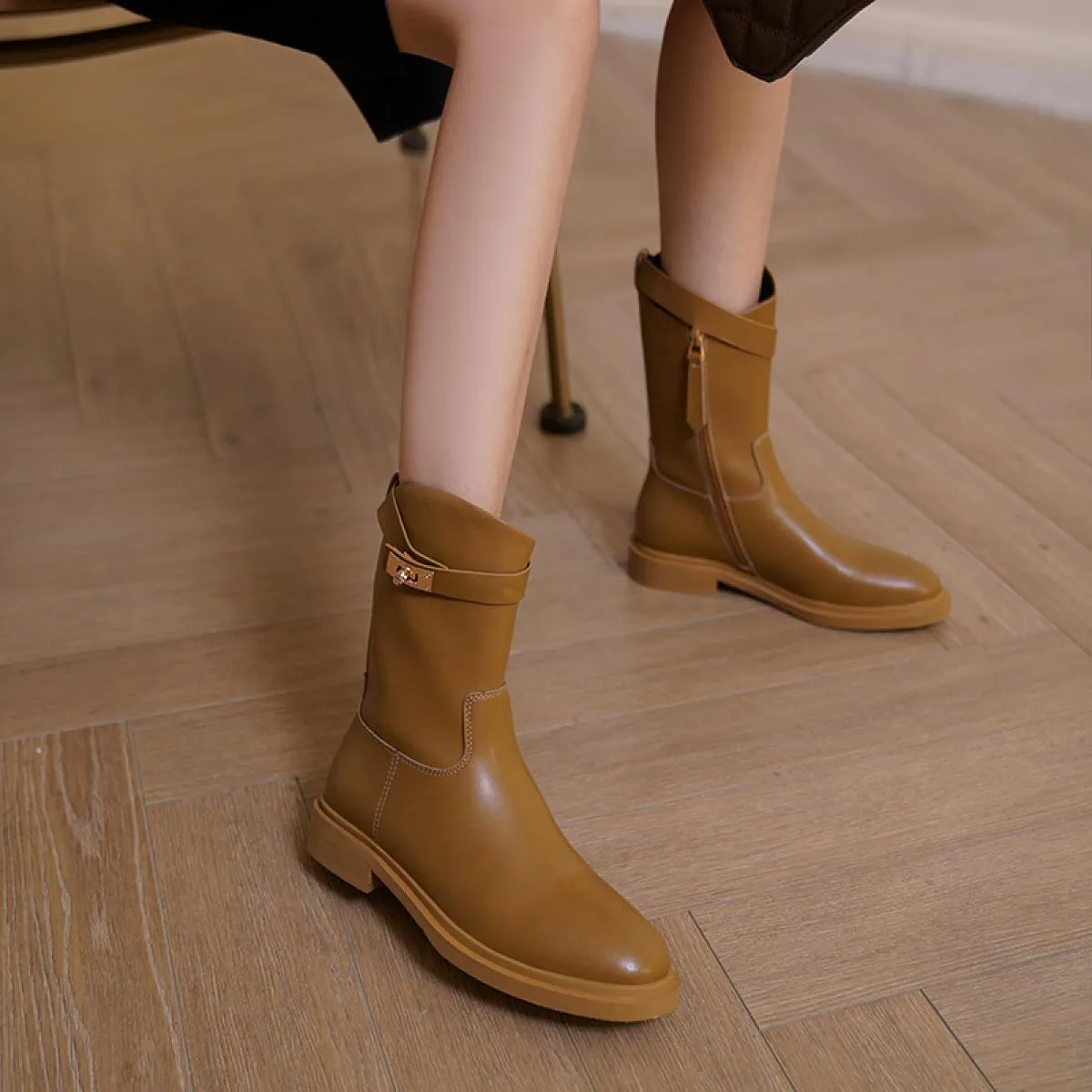 2024 Casual Donna Stivali a metà polpaccio Primavera Inverno Vera pelle Tacchi bassi Cerniera Scarpe da moto Donna Taglia 34 43