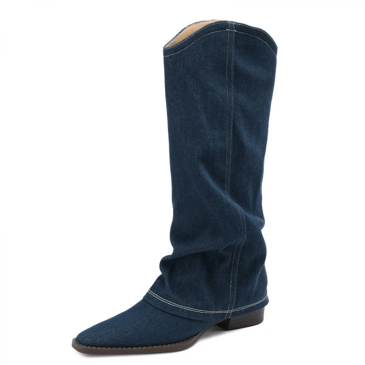 2024 Classic Donna Stivali a metà polpaccio Genuino Denim di pelle Spessa Tacchi bassi Scarpe casual Donna Autunno Inverno Tagli