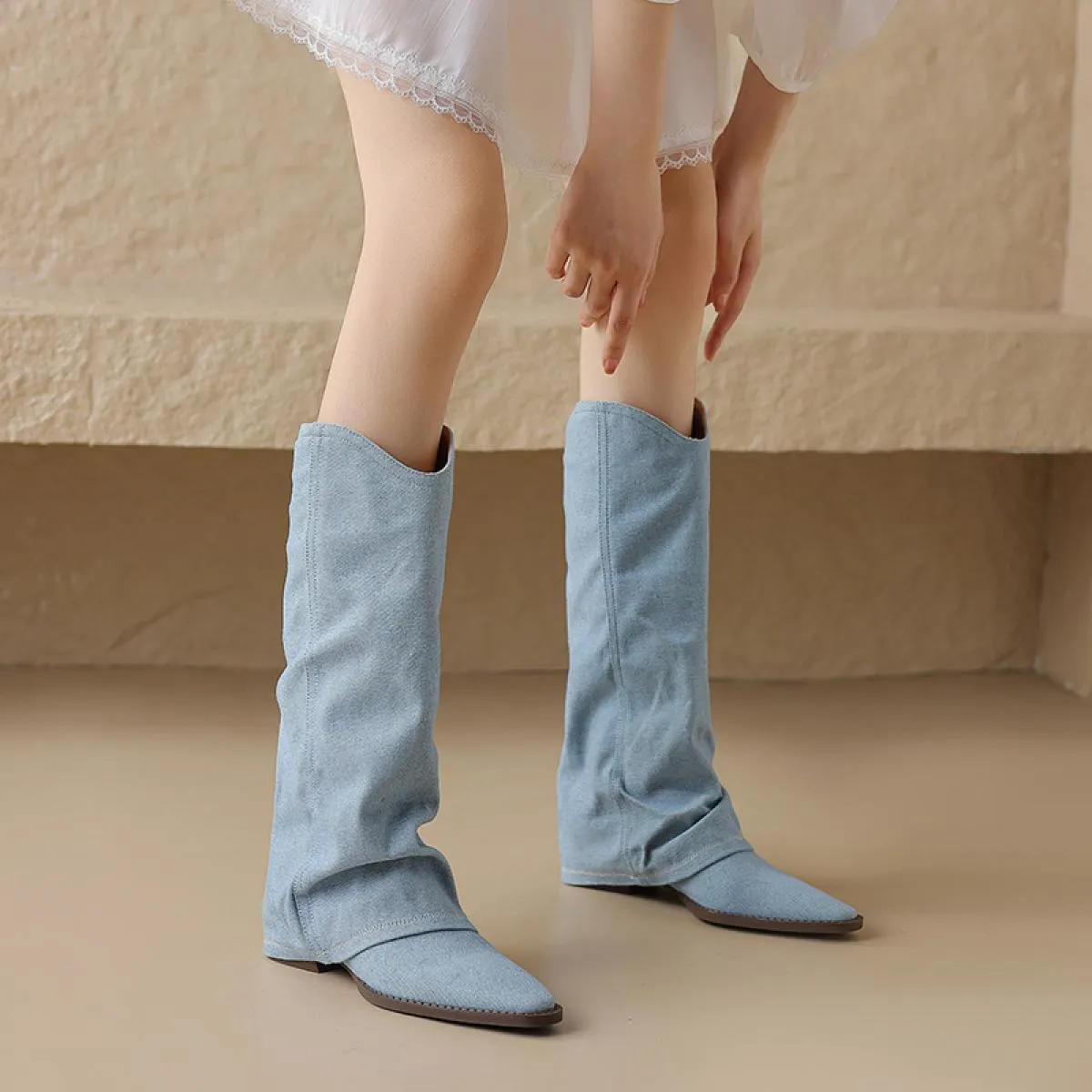 2024 Classic Donna Stivali a metà polpaccio Genuino Denim di pelle Spessa Tacchi bassi Scarpe casual Donna Autunno Inverno Tagli