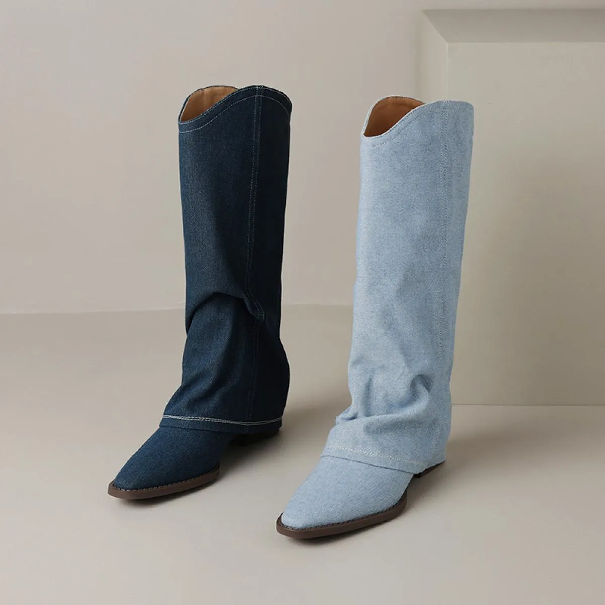2024 Classic Donna Stivali a metà polpaccio Genuino Denim di pelle Spessa Tacchi bassi Scarpe casual Donna Autunno Inverno Tagli