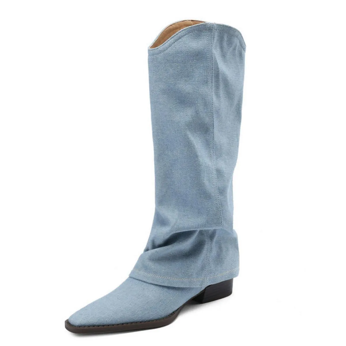 2024 Classic Donna Stivali a metà polpaccio Genuino Denim di pelle Spessa Tacchi bassi Scarpe casual Donna Autunno Inverno Tagli