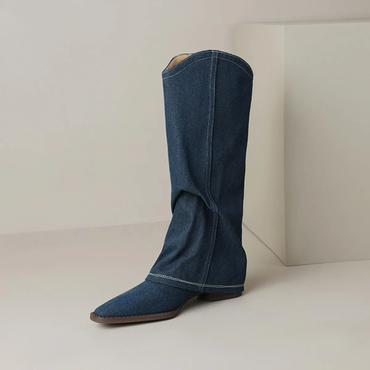 2024 Classic Donna Stivali a metà polpaccio Genuino Denim di pelle Spessa Tacchi bassi Scarpe casual Donna Autunno Inverno Tagli