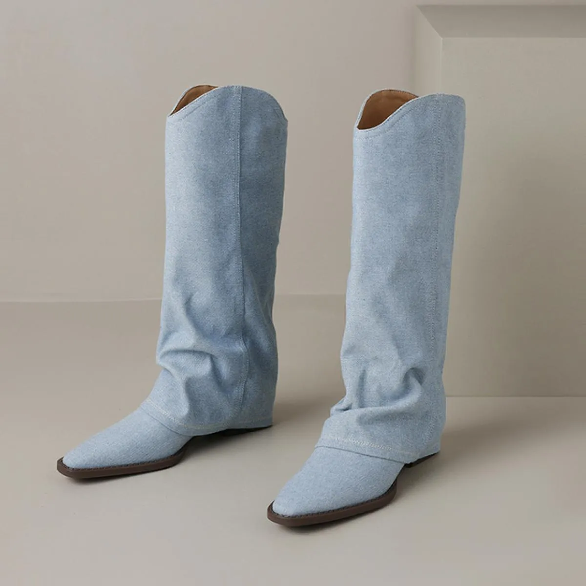2024 Classic Donna Stivali a metà polpaccio Genuino Denim di pelle Spessa Tacchi bassi Scarpe casual Donna Autunno Inverno Tagli