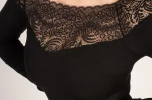 Abito elegante midi a maniche lunghe con dettaglio in pizzo trasparente Avignon, nero