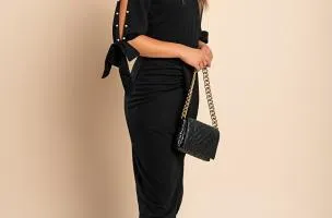 Abito elegante midi con scollo rotondo, maniche 3/4 con spacco e perline decorative Peppina, nero