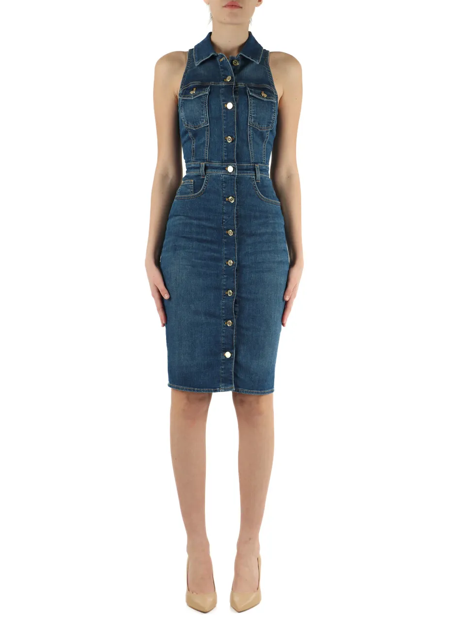 Abito in denim con bottoni logo