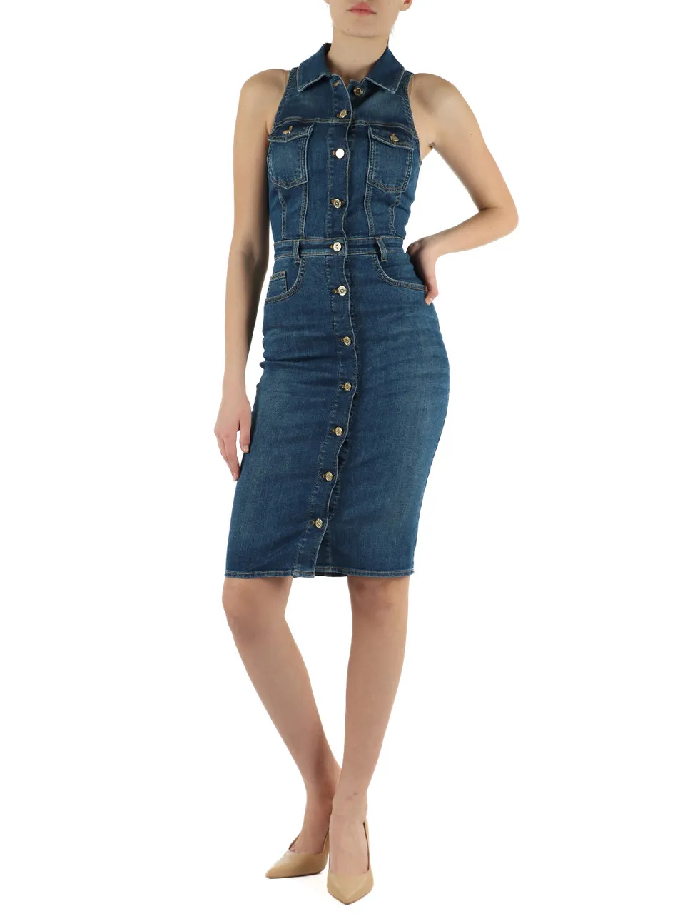Abito in denim con bottoni logo