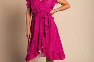 Abito midi a pois con dettagli arricciati, fucsia
