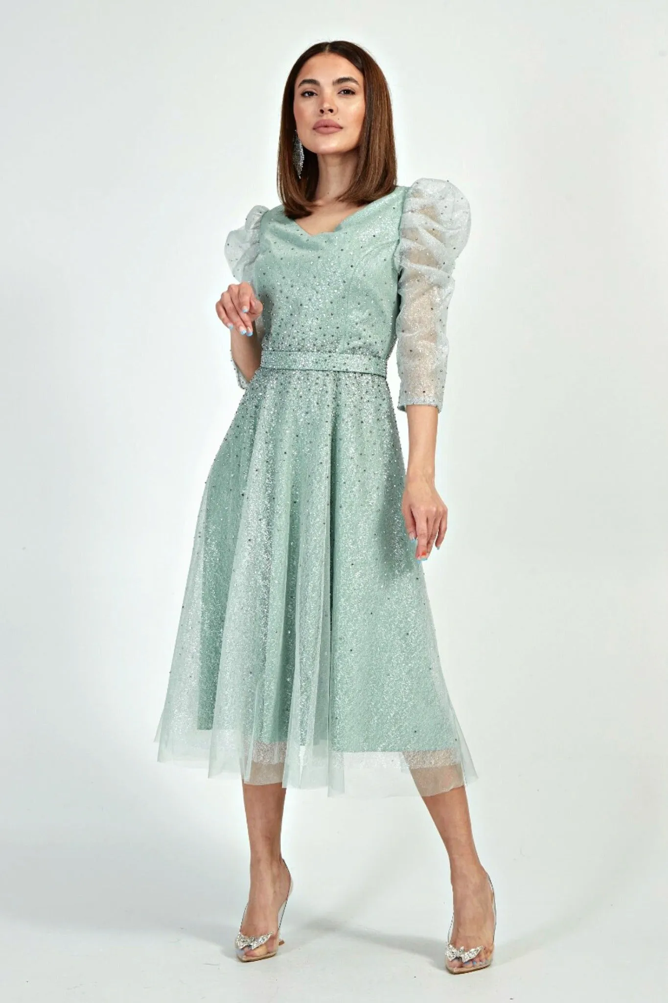 Abito verde menta da cerimonia lunghezza midi in tulle lamè e chiffon decorato di brillantini