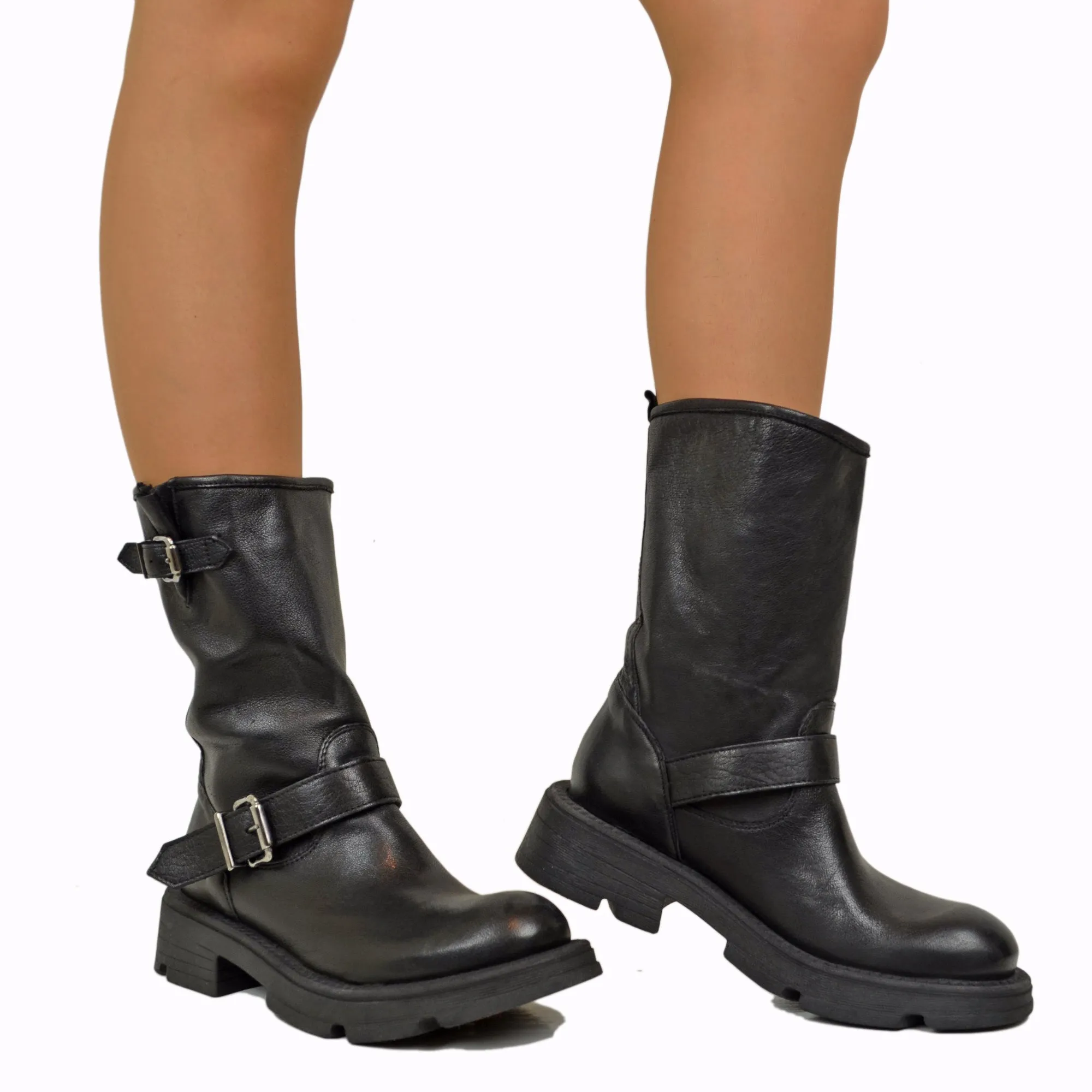 Biker Boots Donna in Pelle con Fibbie Made in Italy