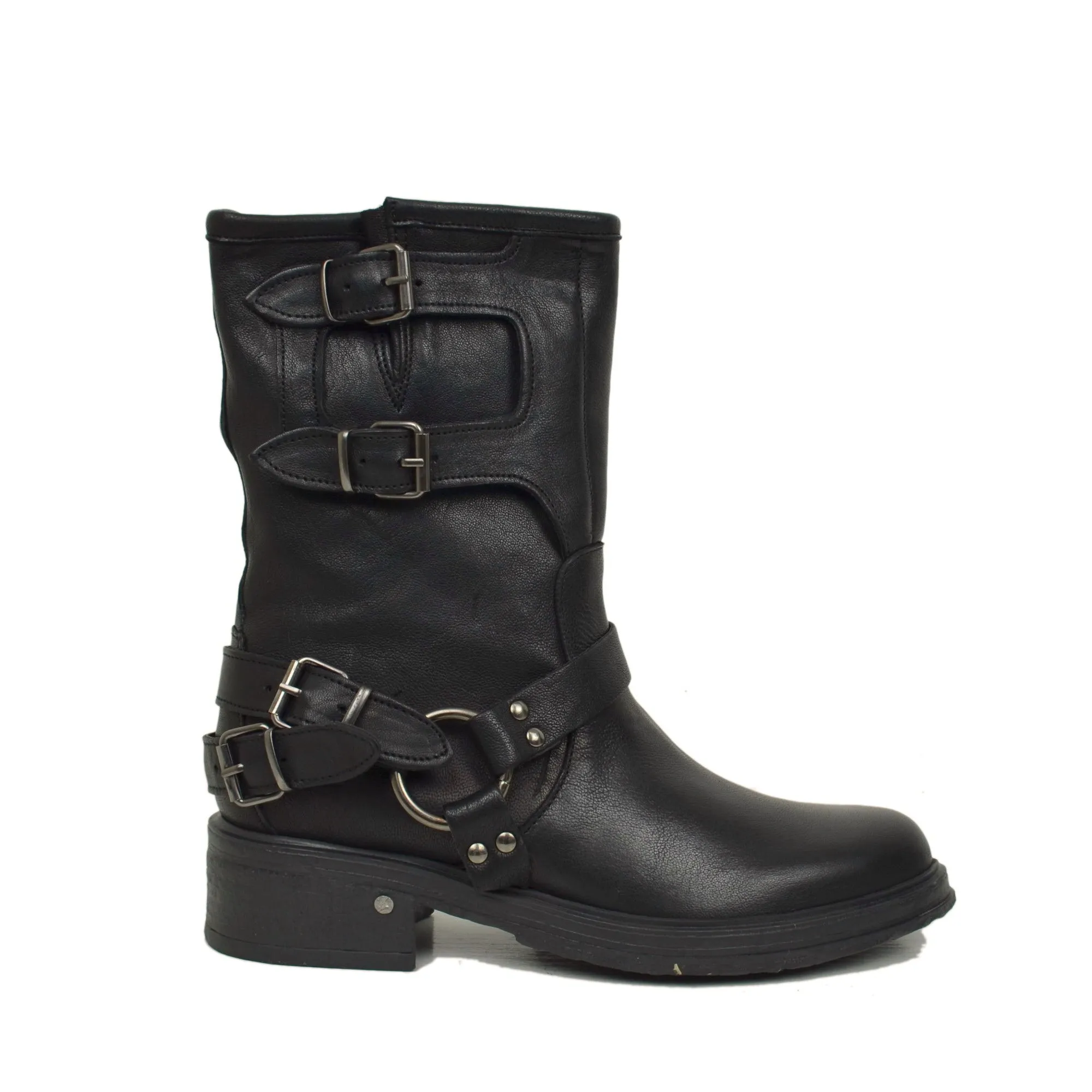 Biker Police Basso 4 Fibbie Punta Stondata Total Black Fondo Gomma