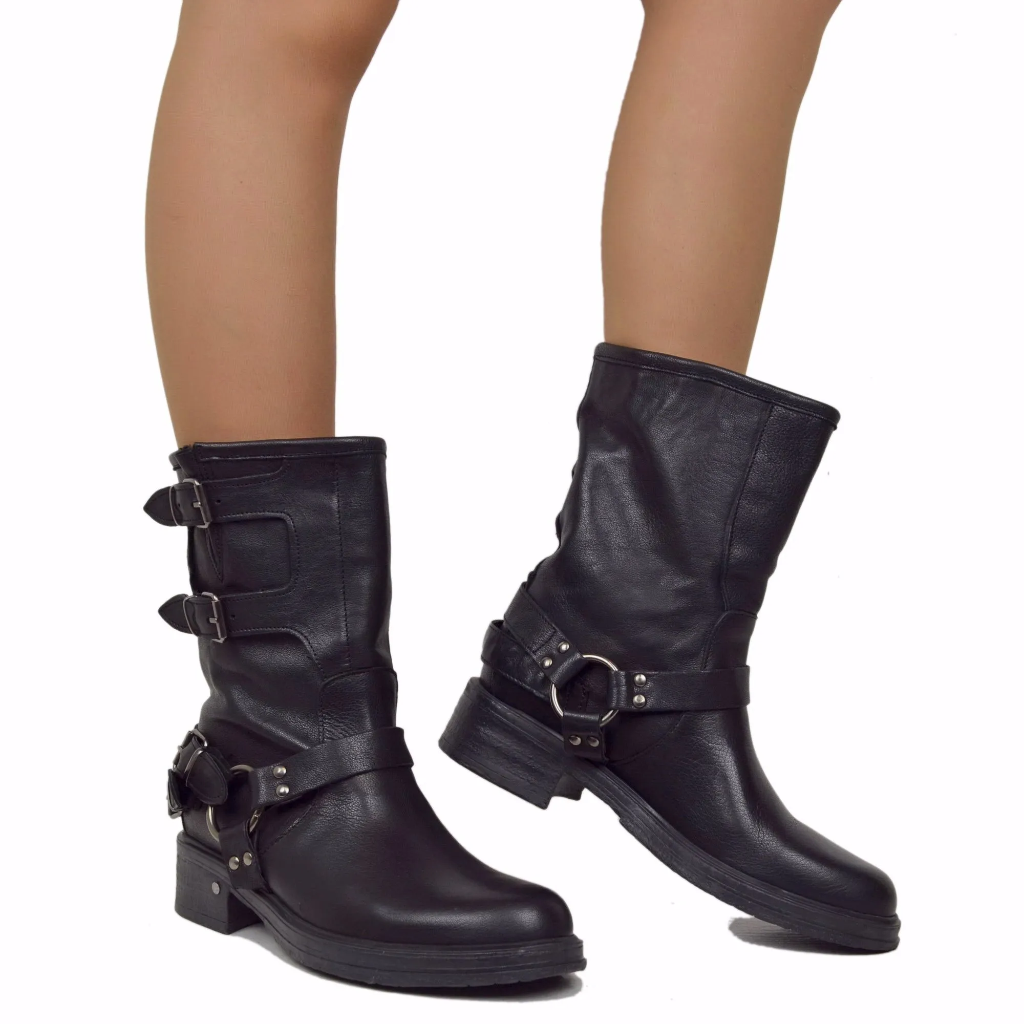 Biker Police Basso 4 Fibbie Punta Stondata Total Black Fondo Gomma