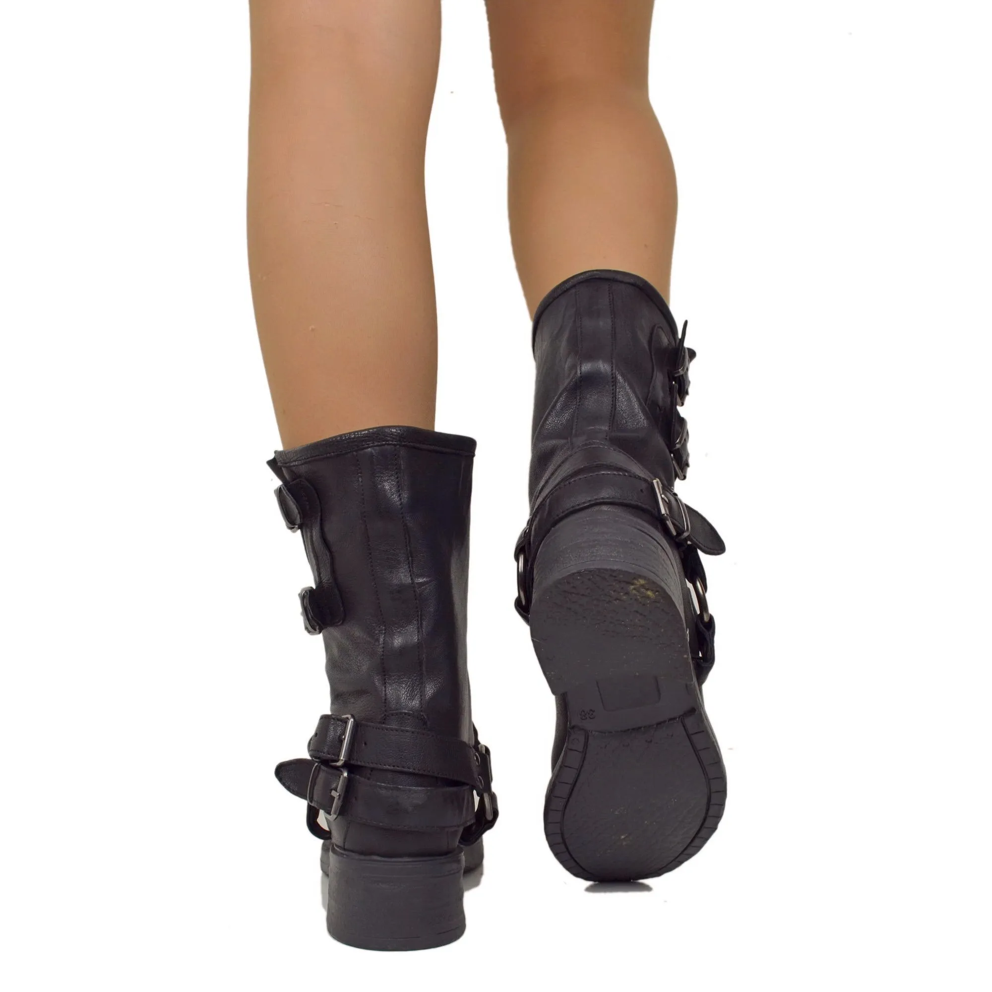 Biker Police Basso 4 Fibbie Punta Stondata Total Black Fondo Gomma