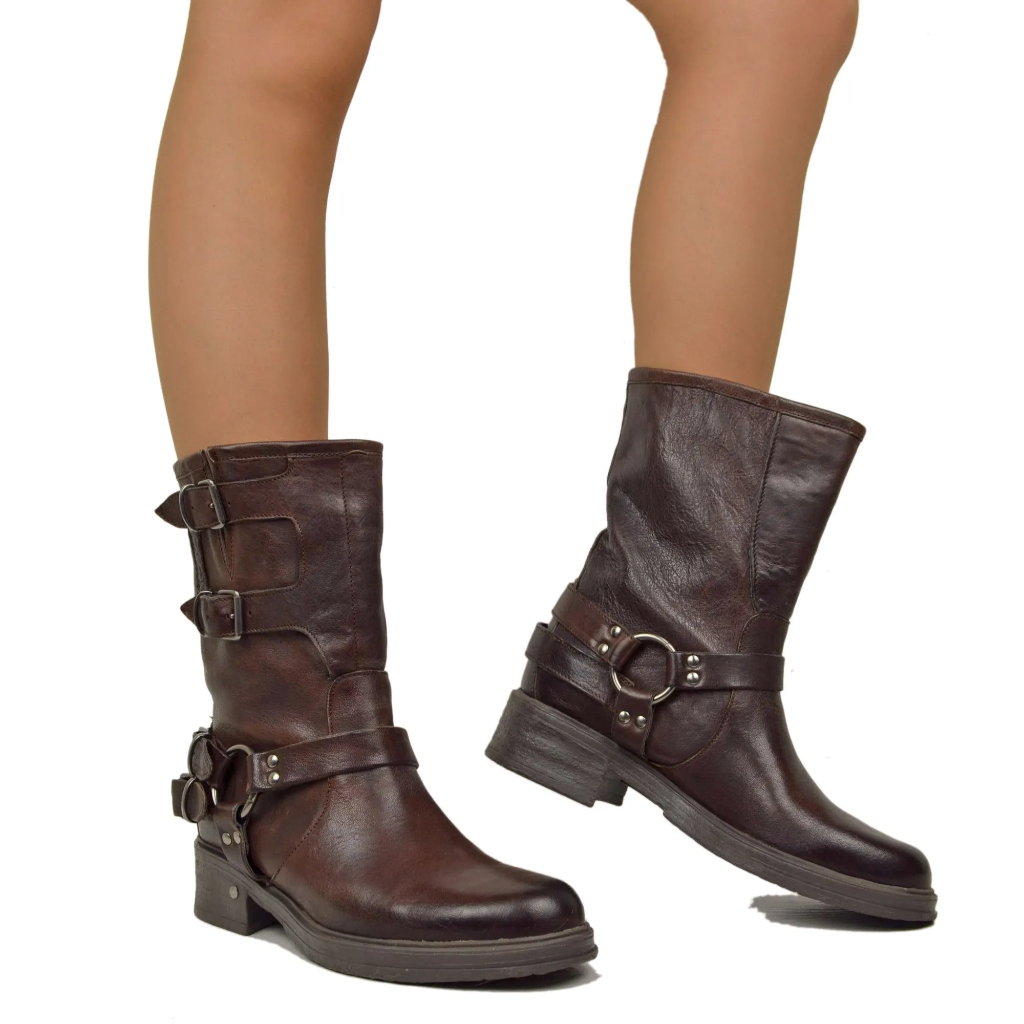 Biker Police Basso 4 Fibbie Punta Stondata Total Brown Fondo Gomma