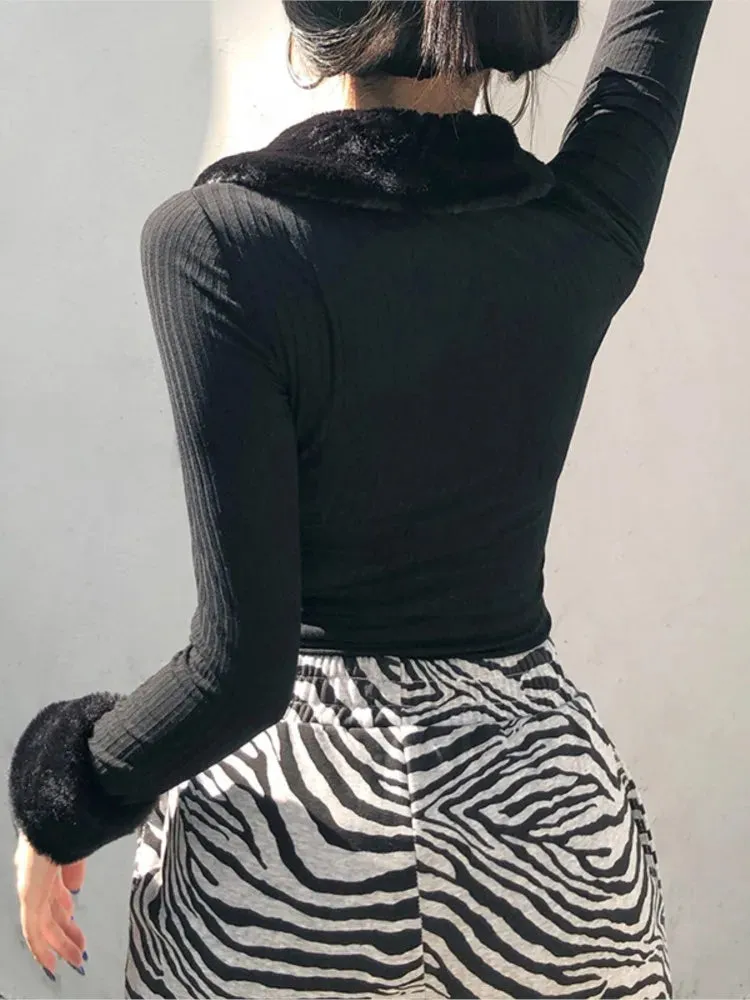 Body Donna Elegante Coste Manica Lunga Girocollo Colletto Polsini Pelliccia Sintetica Autunno Inverno