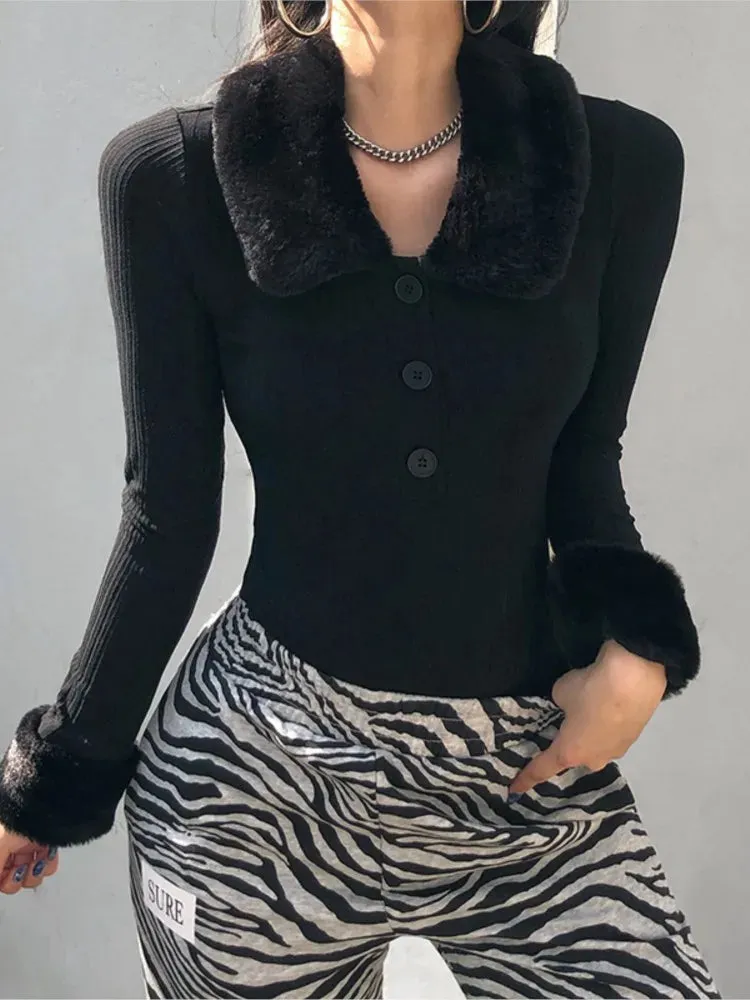 Body Donna Elegante Coste Manica Lunga Girocollo Colletto Polsini Pelliccia Sintetica Autunno Inverno