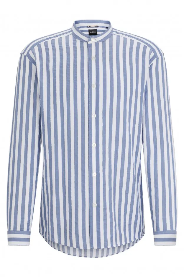   Boss - Hugo Boss     Boss - Hugo Boss Boss - Hugo Boss camicia relaxed fit senza collo in misto cotone bouclé a righe    