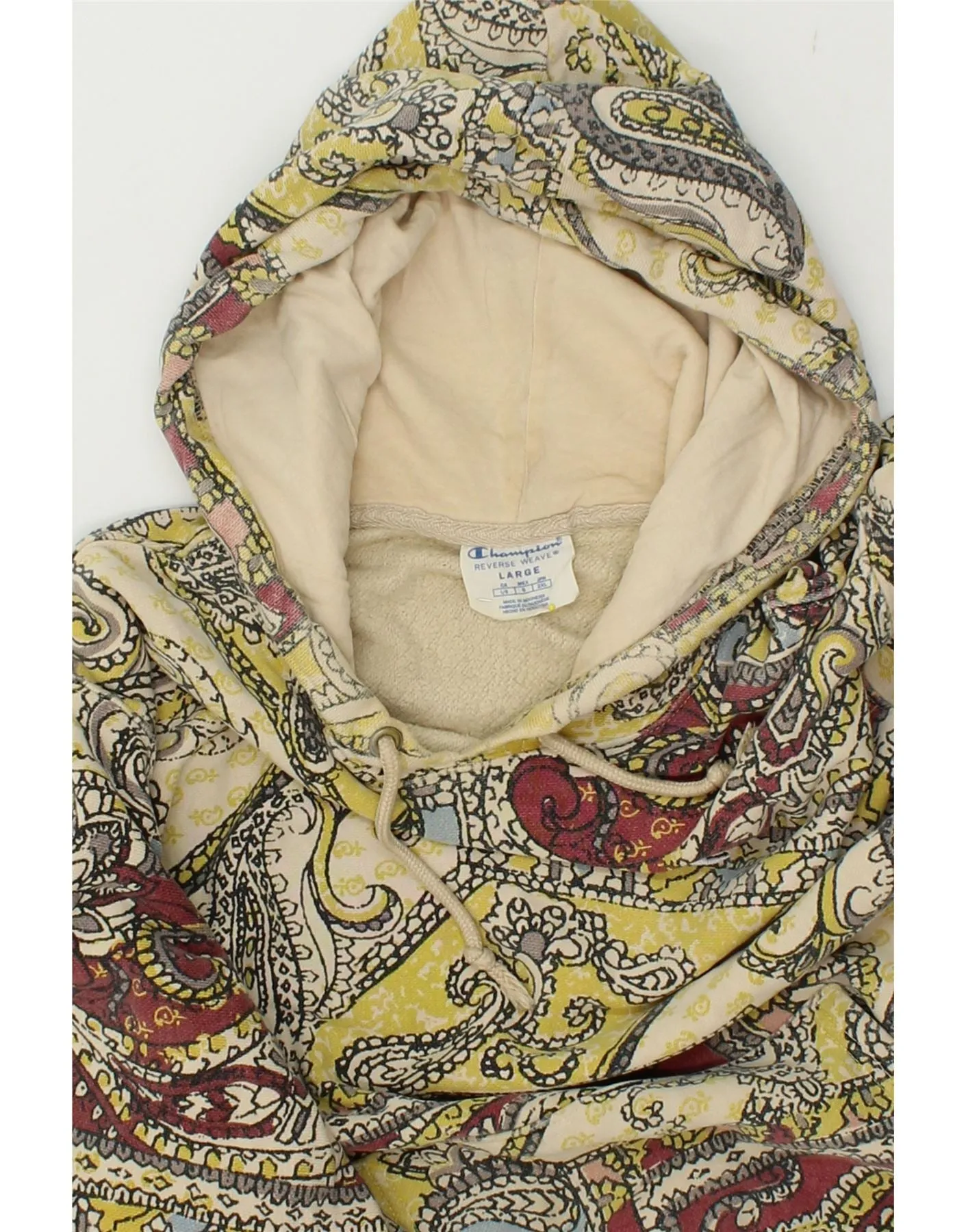 CHAMPION Womens Reverse Weave Hoodie Jumper UK 16 Large Beige Paisley