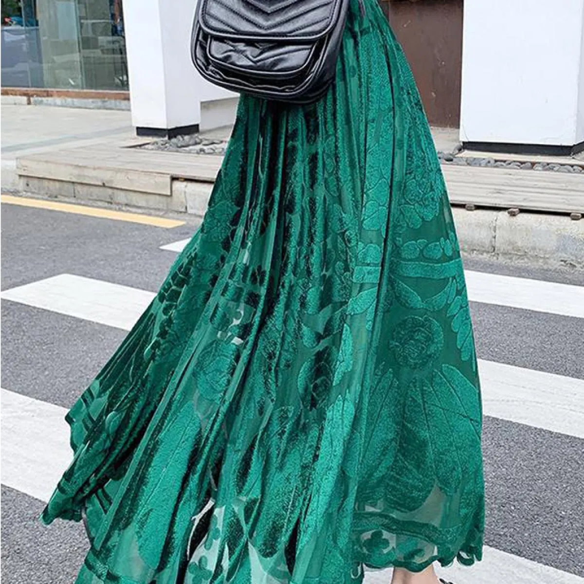 Delle donne Eleganti Floreali Floccaggio Maglia Aline Gonne Elastico A Vita Alta A Pieghe Drappeggiato Swing Gonna Lunga Faldas