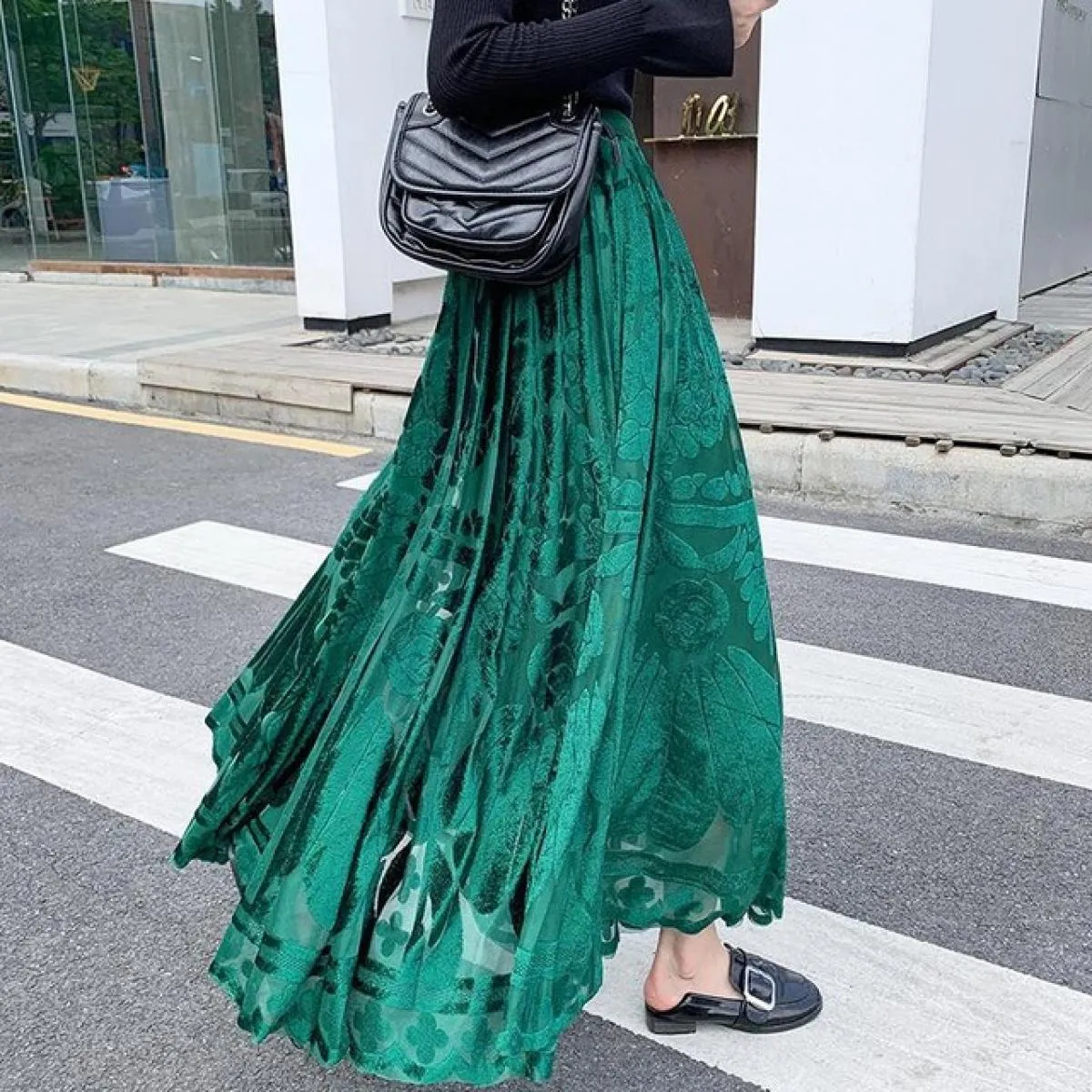 Delle donne Eleganti Floreali Floccaggio Maglia Aline Gonne Elastico A Vita Alta A Pieghe Drappeggiato Swing Gonna Lunga Faldas