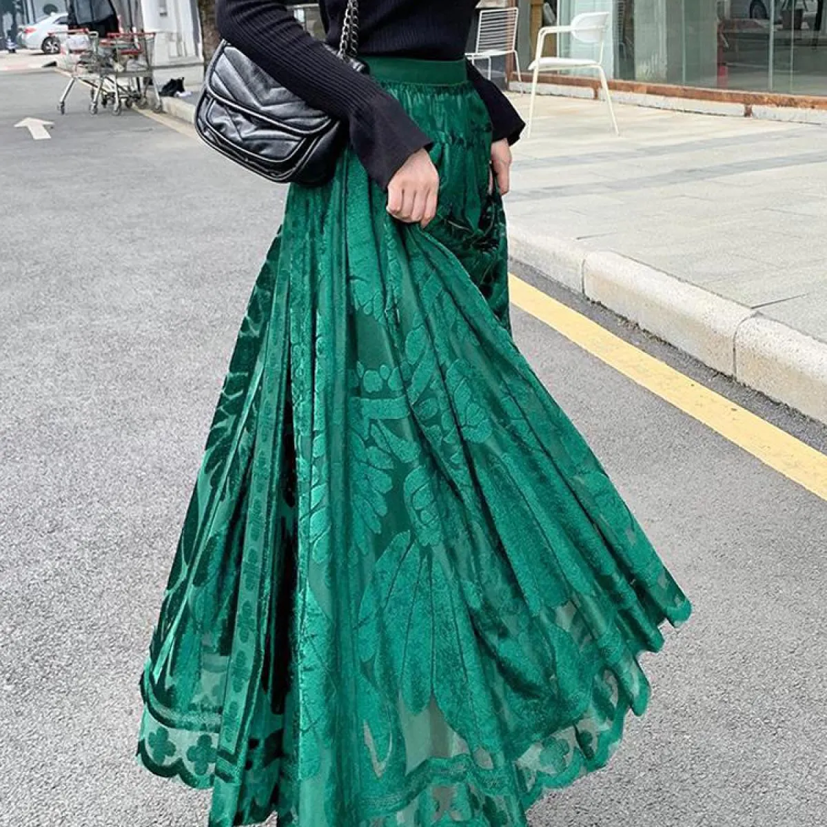 Delle donne Eleganti Floreali Floccaggio Maglia Aline Gonne Elastico A Vita Alta A Pieghe Drappeggiato Swing Gonna Lunga Faldas