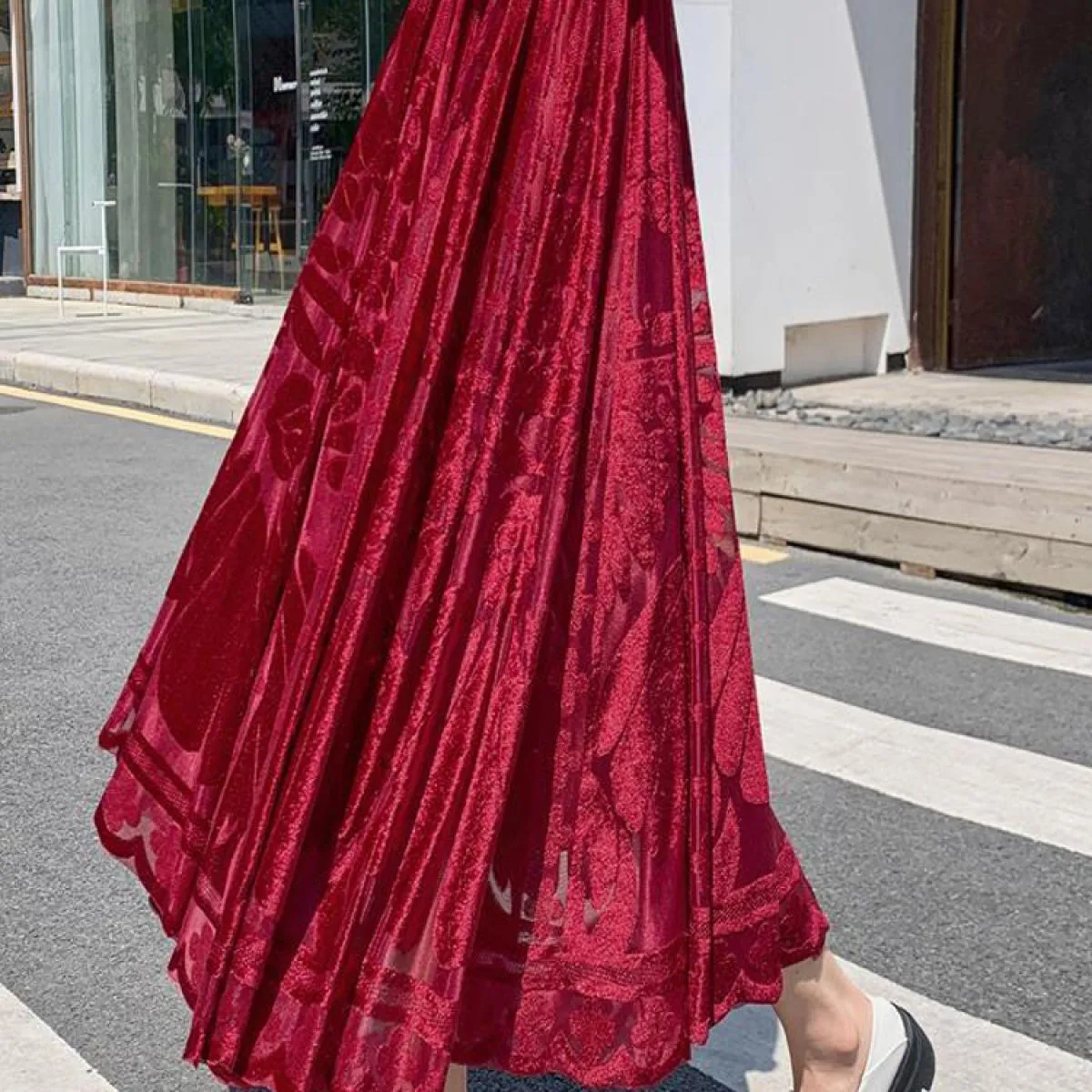 Delle donne Eleganti Floreali Floccaggio Maglia Aline Gonne Elastico A Vita Alta A Pieghe Drappeggiato Swing Gonna Lunga Faldas