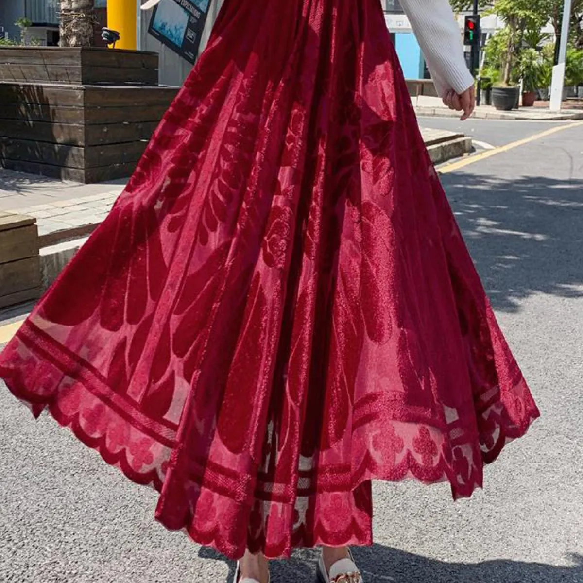 Delle donne Eleganti Floreali Floccaggio Maglia Aline Gonne Elastico A Vita Alta A Pieghe Drappeggiato Swing Gonna Lunga Faldas