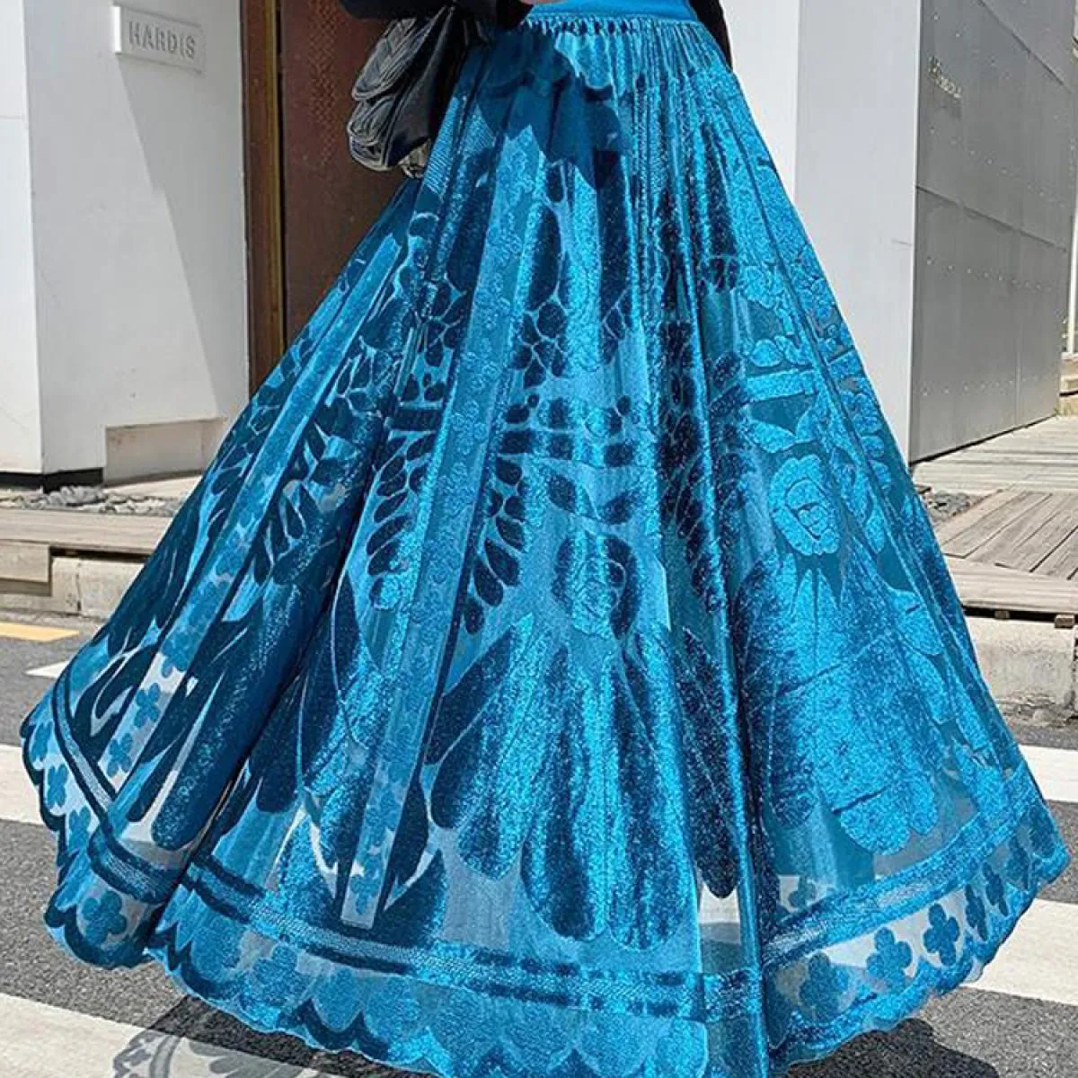Delle donne Eleganti Floreali Floccaggio Maglia Aline Gonne Elastico A Vita Alta A Pieghe Drappeggiato Swing Gonna Lunga Faldas
