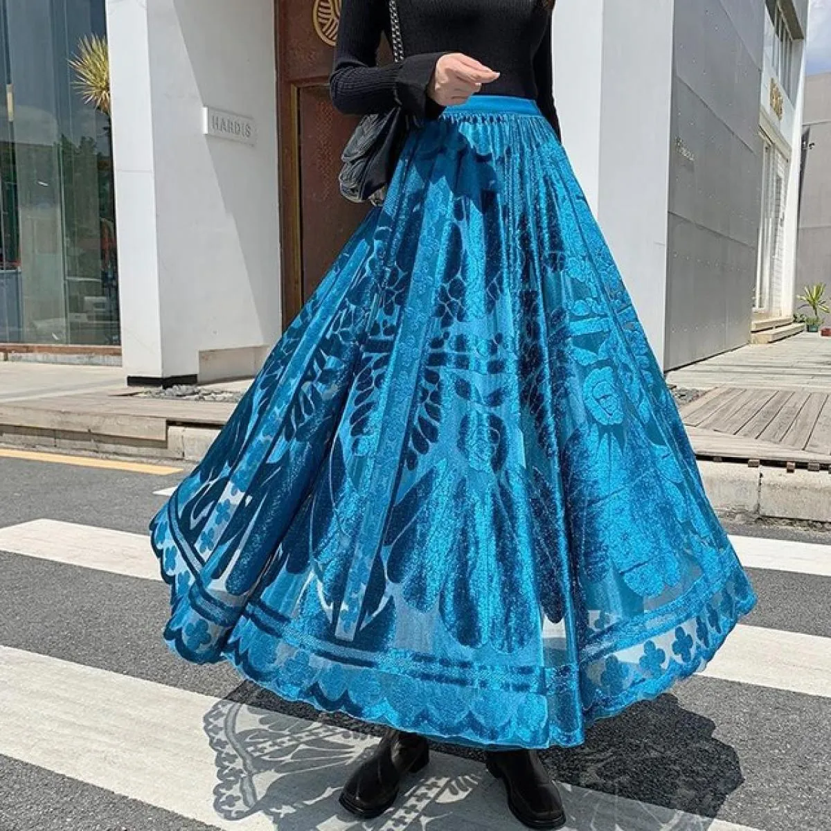 Delle donne Eleganti Floreali Floccaggio Maglia Aline Gonne Elastico A Vita Alta A Pieghe Drappeggiato Swing Gonna Lunga Faldas