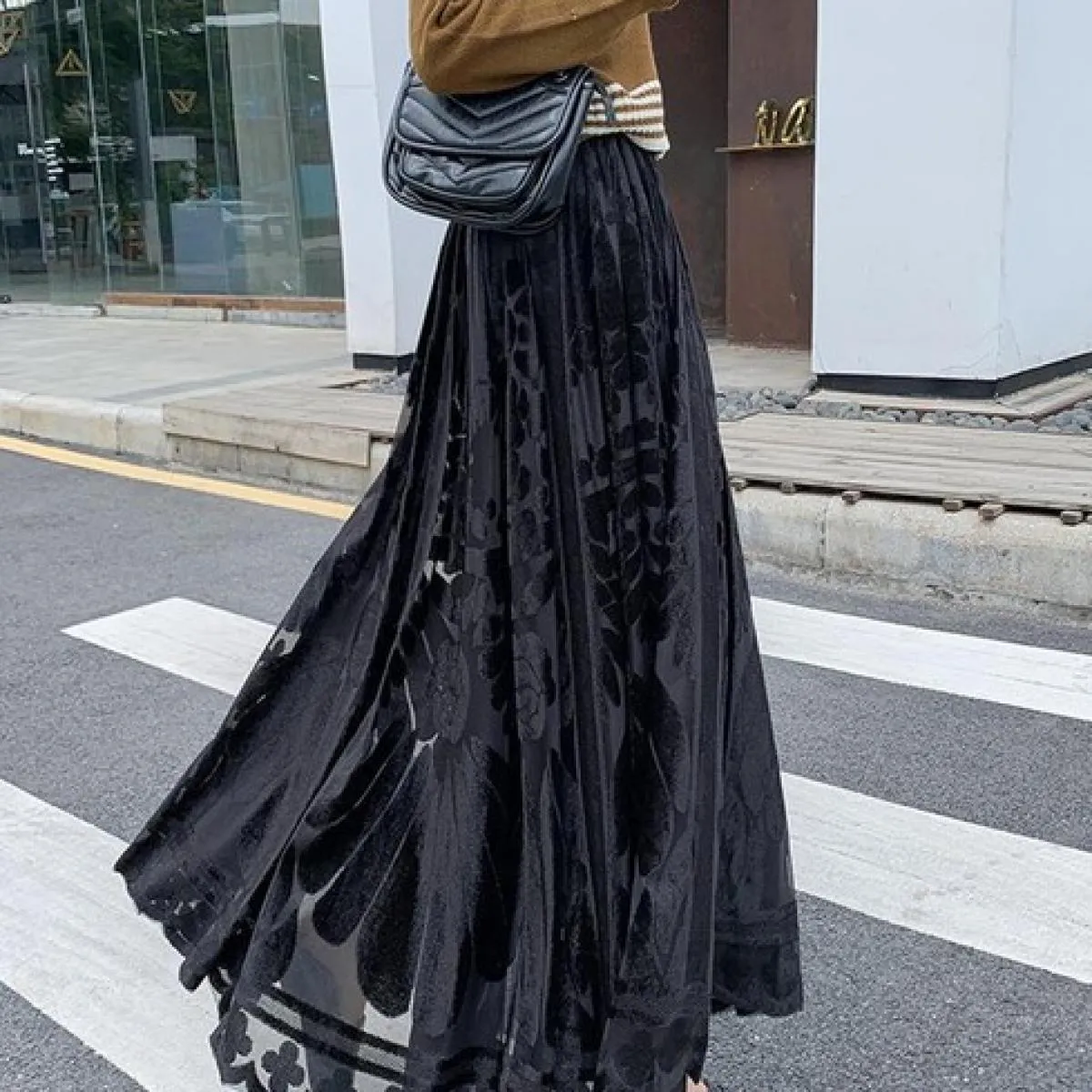 Delle donne Eleganti Floreali Floccaggio Maglia Aline Gonne Elastico A Vita Alta A Pieghe Drappeggiato Swing Gonna Lunga Faldas