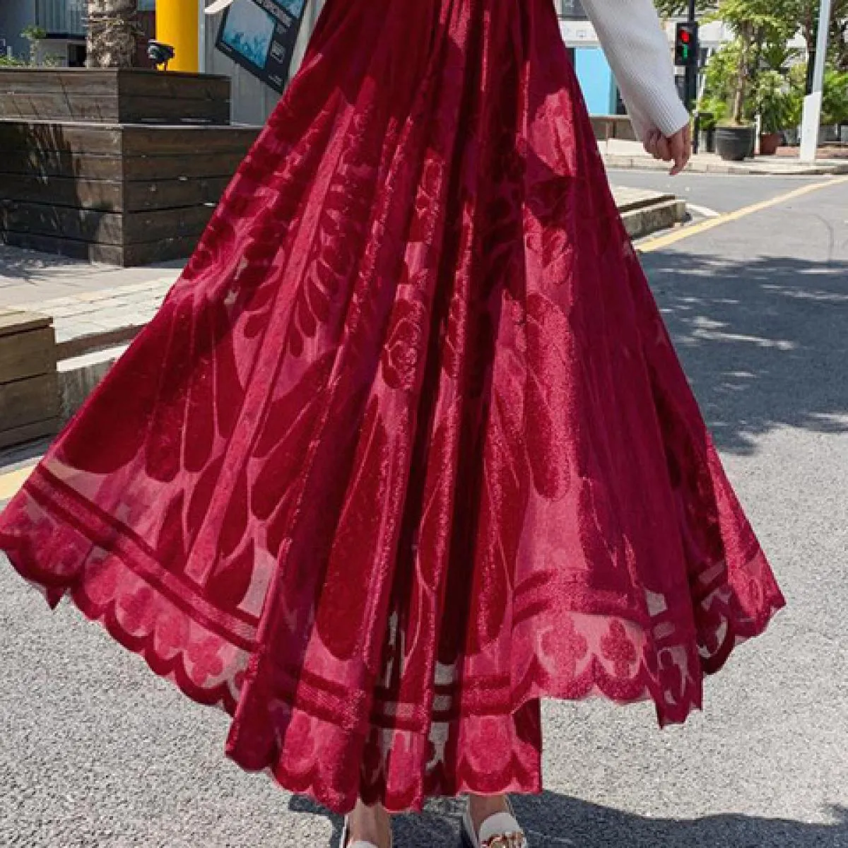 Delle donne Eleganti Floreali Floccaggio Maglia Aline Gonne Elastico A Vita Alta A Pieghe Drappeggiato Swing Gonna Lunga Faldas