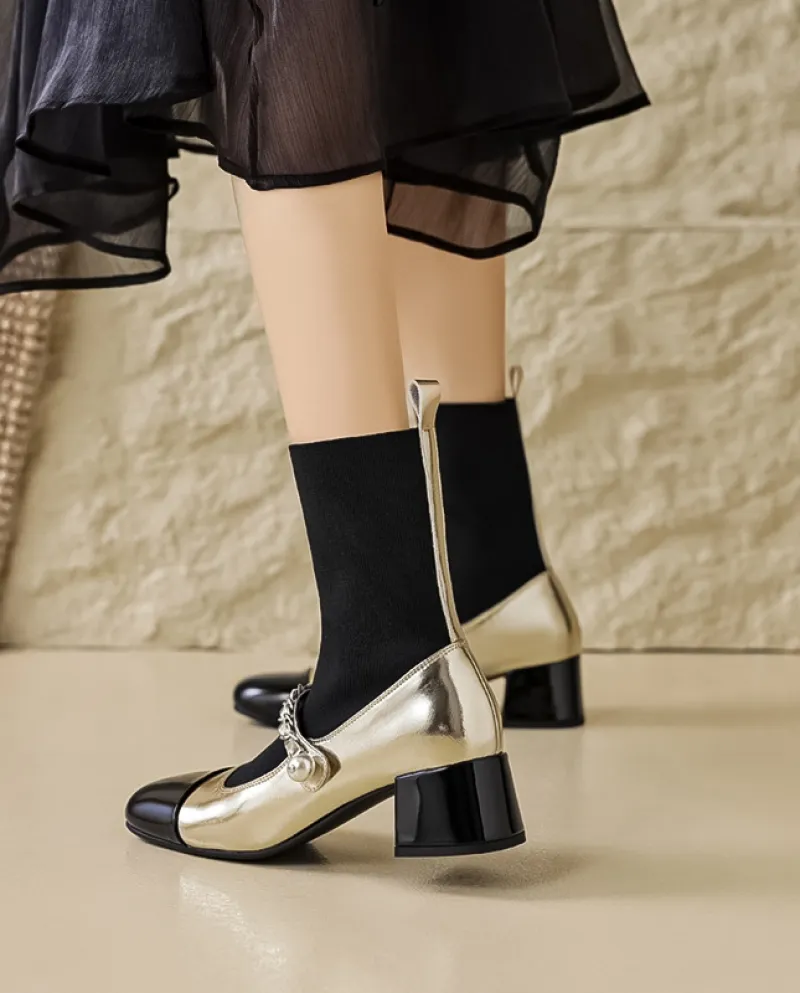 E piccoli stivali corti stile profumato per le donne in autunno e inverno Nuovo stile cuciture a maglia calza con tacco spesso B