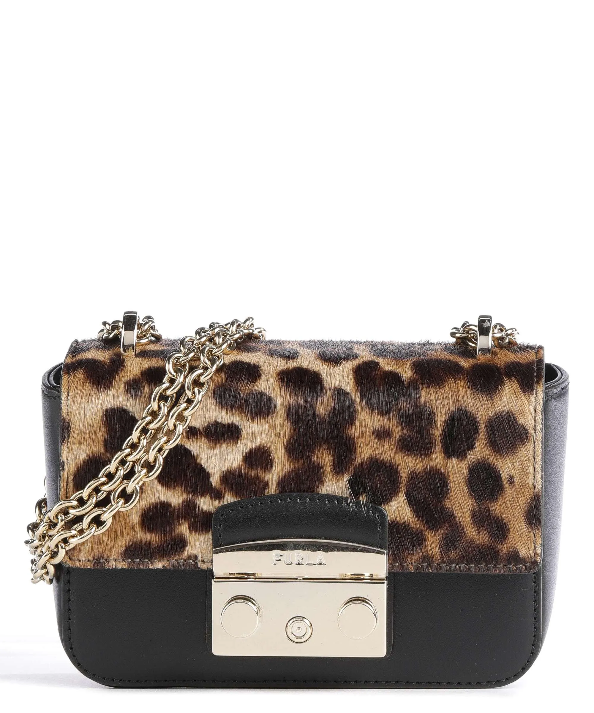  Furla Metropolis Mini Borsa a spalla pelle a grana fine, pelliccia nero  