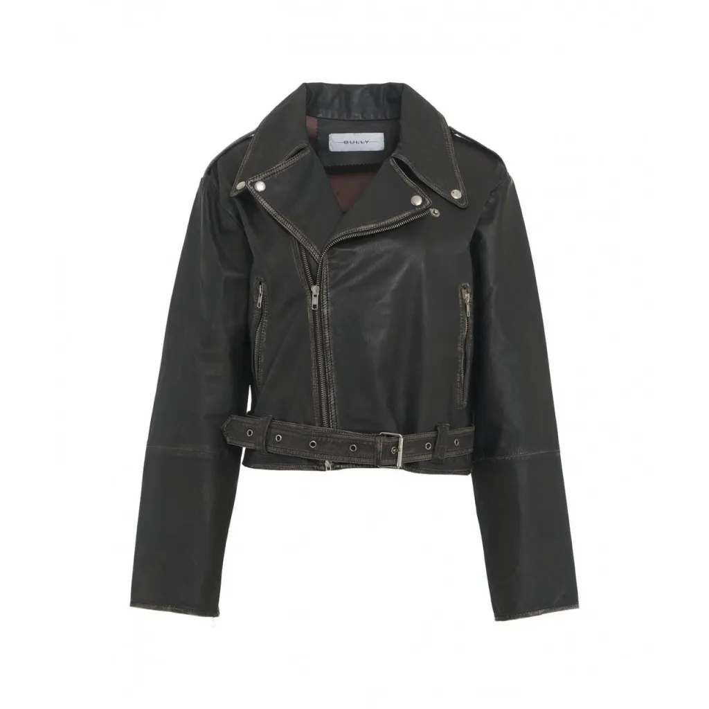 Giacca biker in pelle marrone scuro