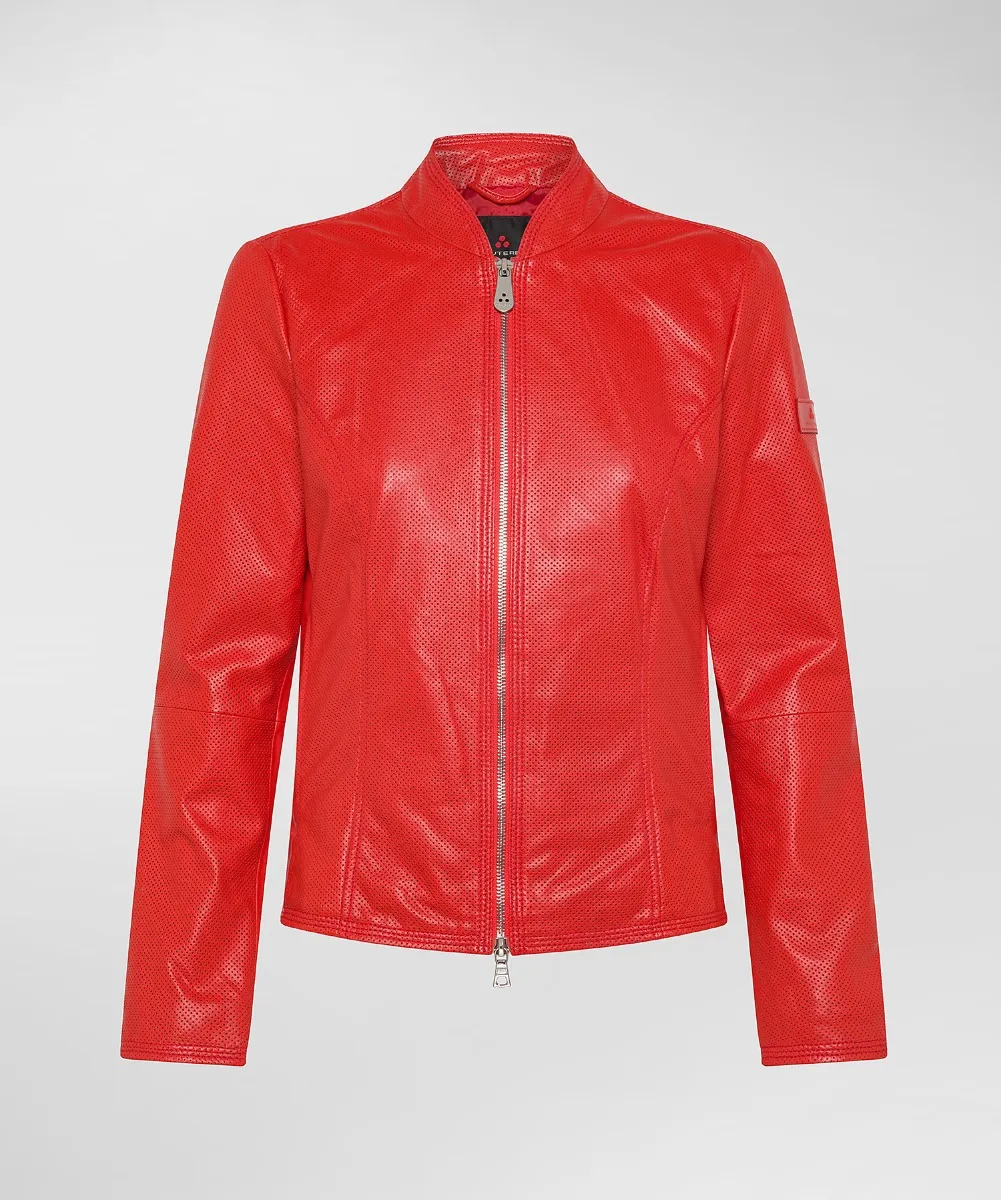 Giacca biker lucida in pelle traforata