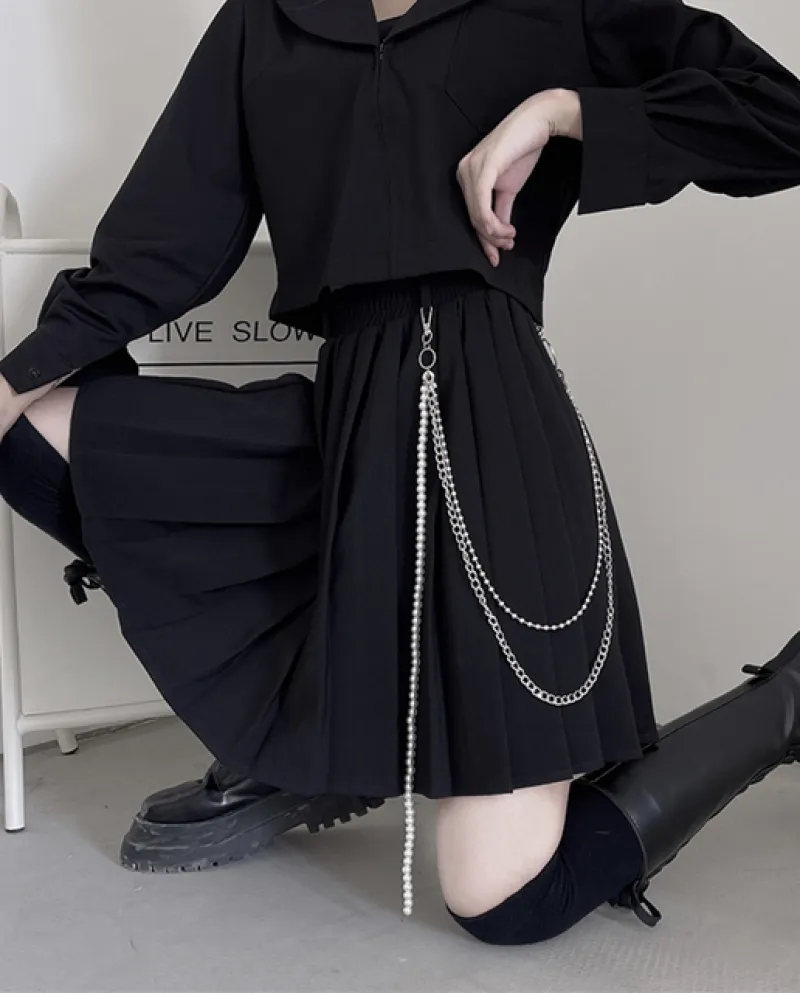 Gonna a pieghe da donna gotica Jmprs Preppy vintage con catena in metallo a vita alta