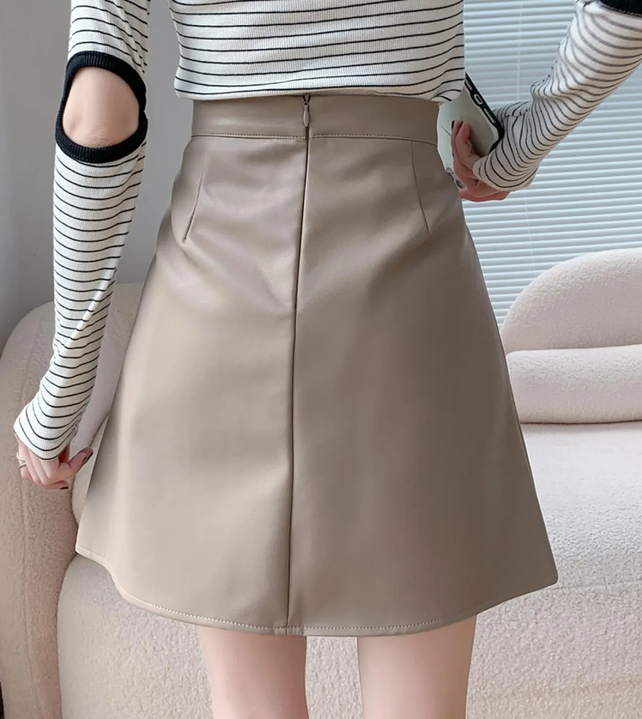 Gonna a pieghe in PU casual autunno inverno kaki per donna 2022 minigonna in pelle da donna a vita alta