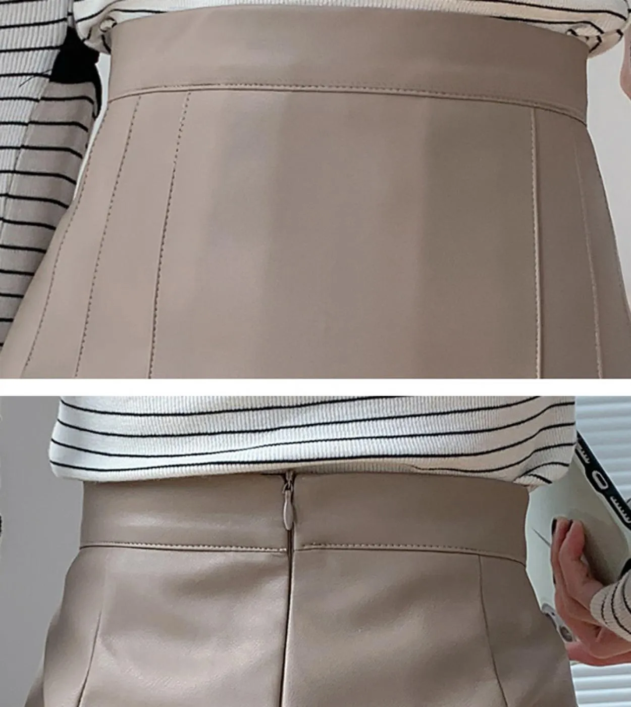 Gonna a pieghe in PU casual autunno inverno kaki per donna 2022 minigonna in pelle da donna a vita alta