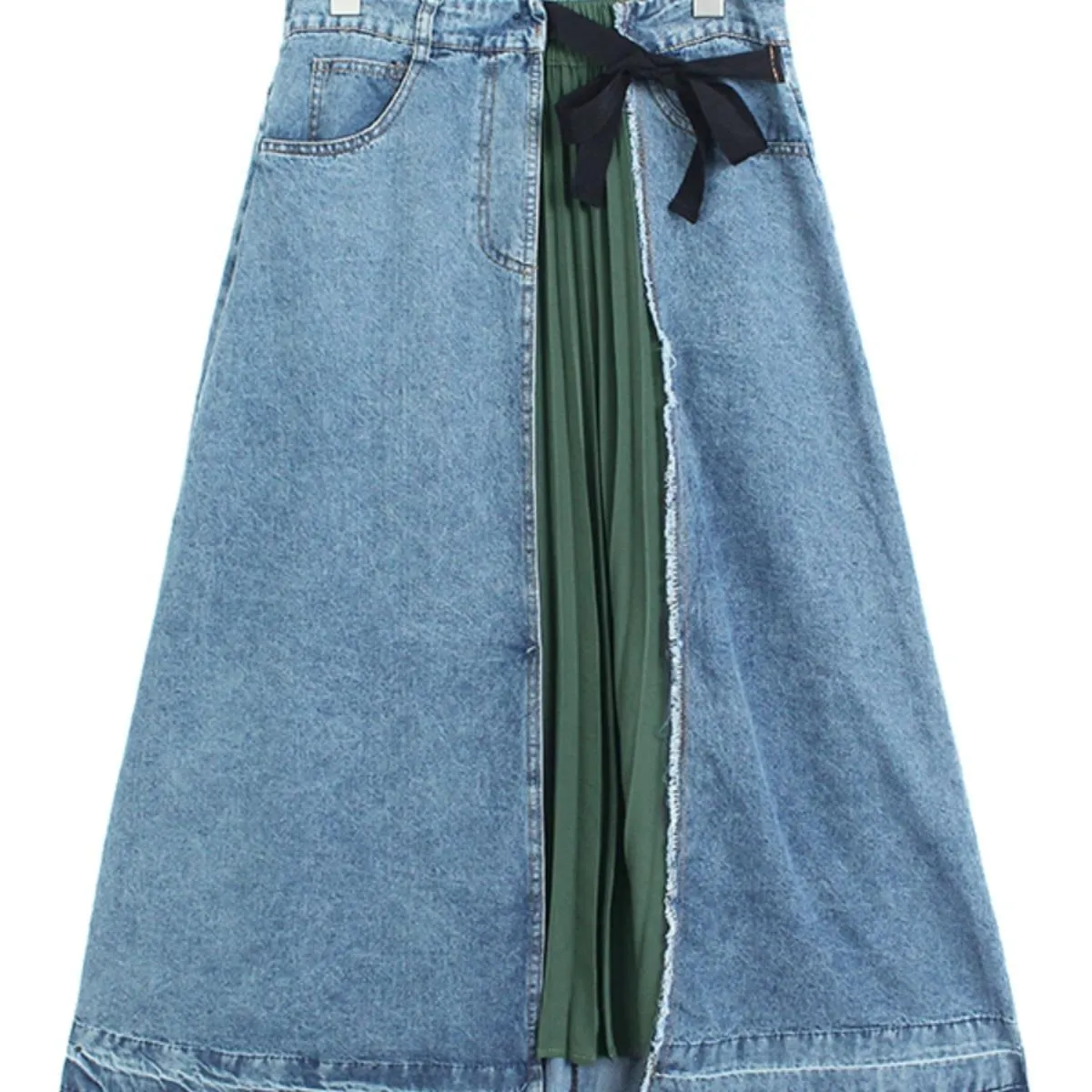 Gonna di jeans a vita alta con lacci patchwork a pieghe Qing Mo 2023 Primavera Autunno Nuovo gonna ampia sottile con orlo aperto