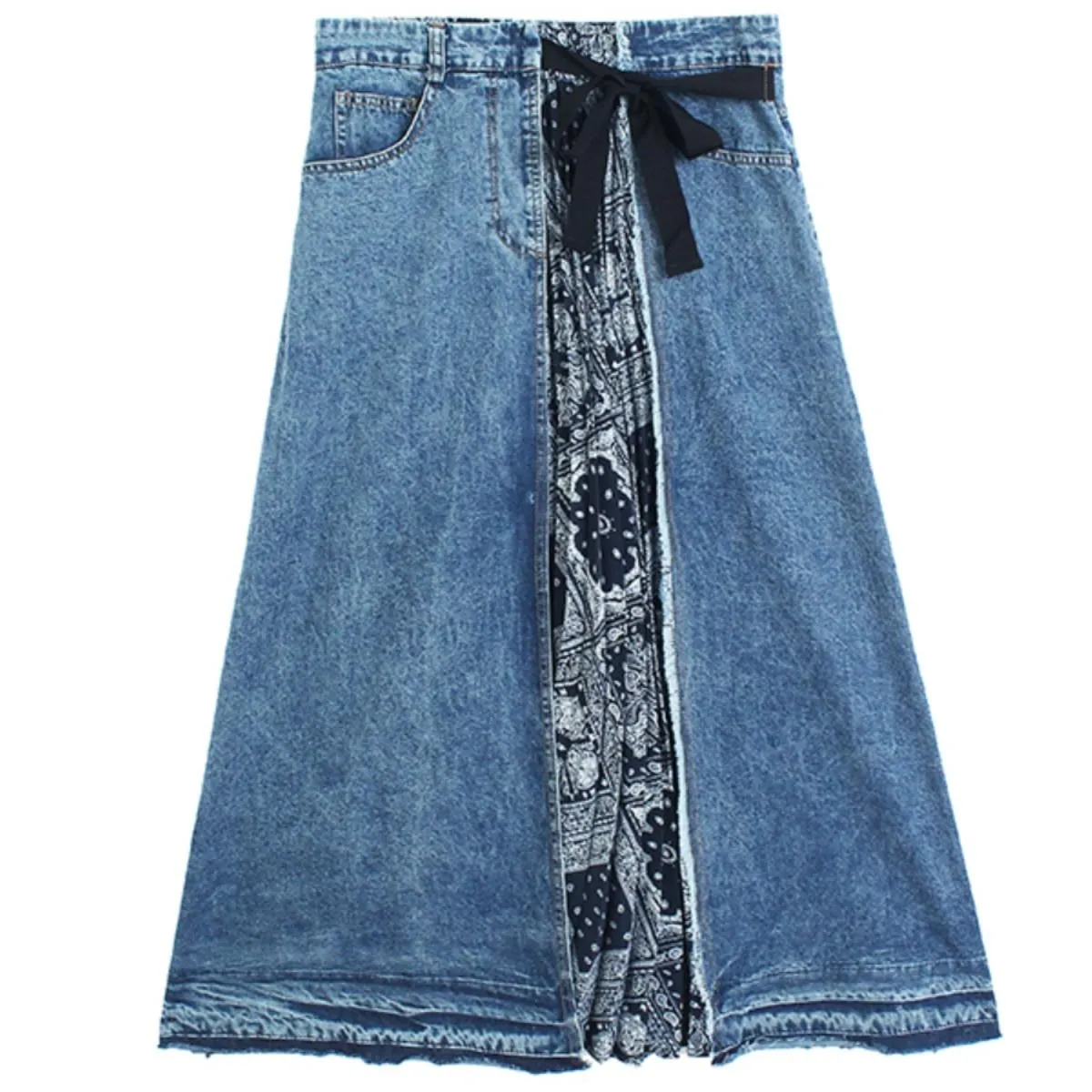 Gonna di jeans a vita alta con lacci patchwork a pieghe Qing Mo 2023 Primavera Autunno Nuovo gonna ampia sottile con orlo aperto